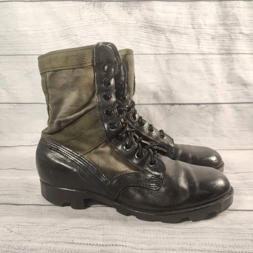 Ro-Search Men's Size 9R Vintage Military Jungle Boots Black Leather Olive Canvas